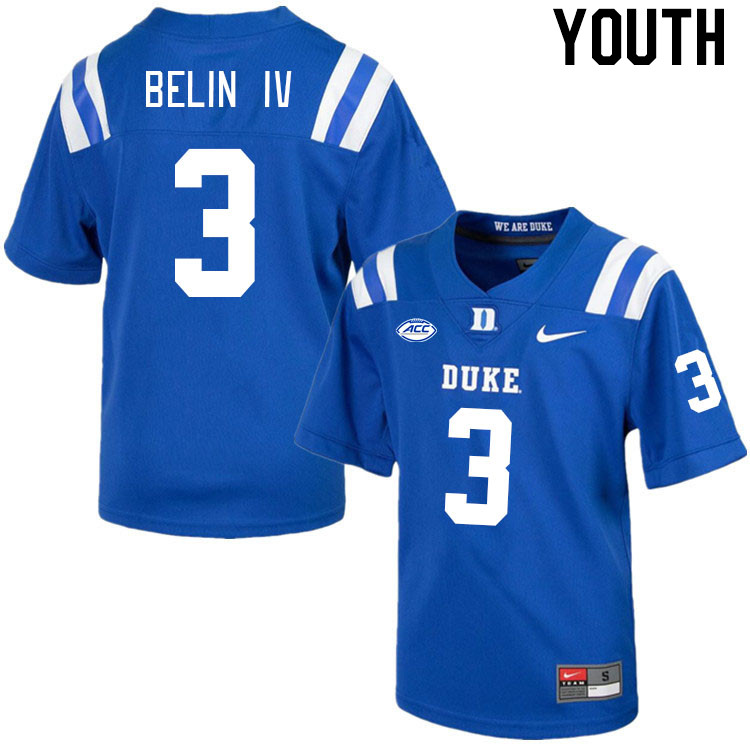 Youth #3 Henry Belin IV Duke Blue Devils College Football Jerseys Stitched-Royal - Click Image to Close